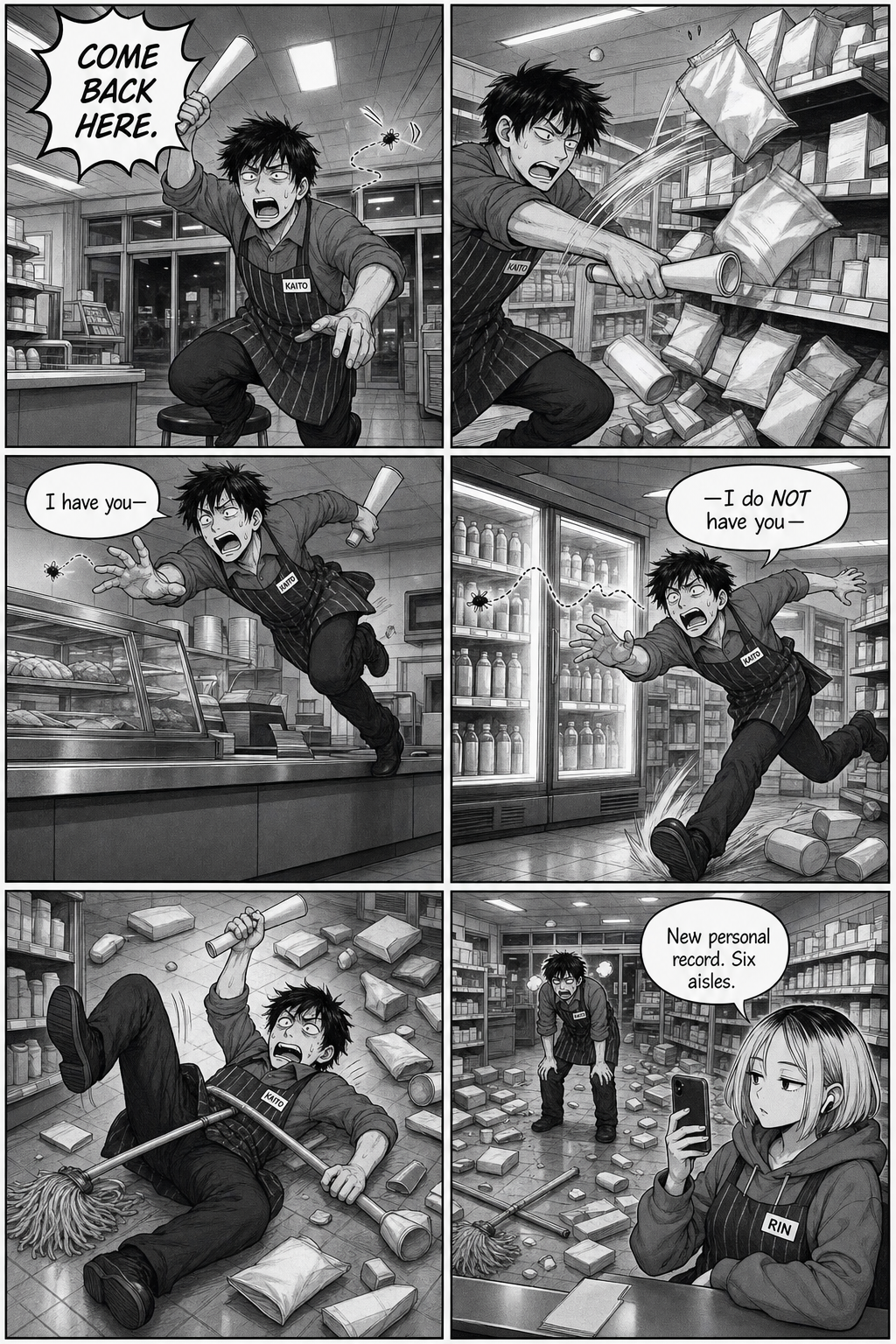 Kaito chases the fly across the store in a slapstick rampage, knocking over shelves and tangling with a mop; Rin films the wreckage.