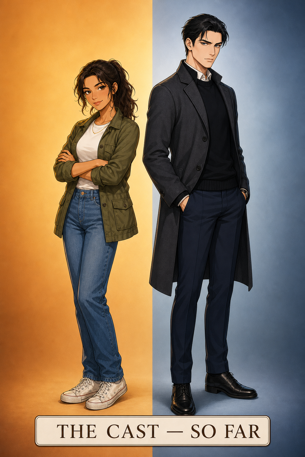 Cover card: Lizzie Bennet on a warm amber half and Fitzwilliam Darcy on a cool blue half stand back-to-back; caption reads 'THE CAST — SO FAR'.