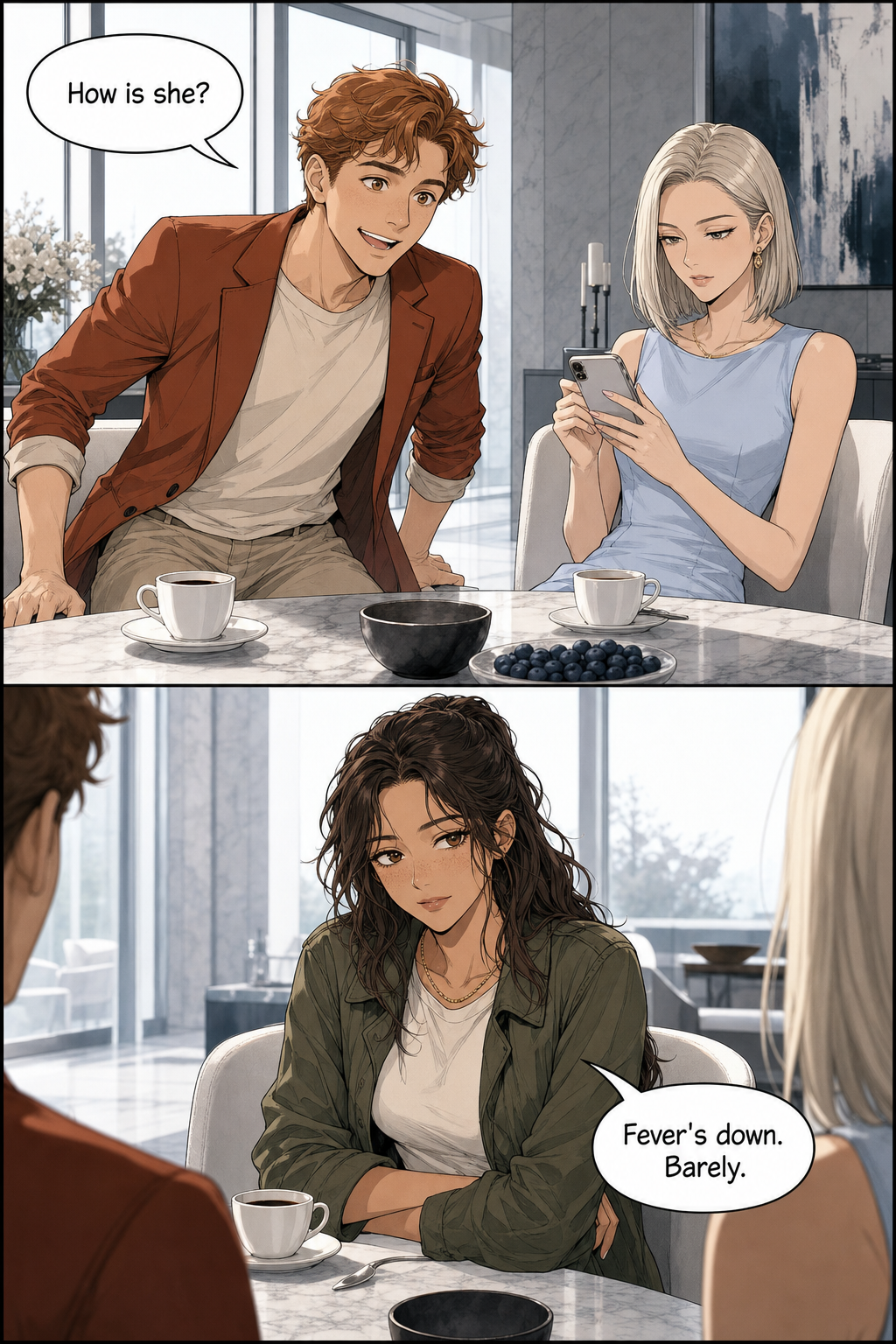 At the marble breakfast table, a warm Bingley asks after Jane while Caroline scrolls her phone coolly; below, a rumpled Lizzie takes a seat and answers.