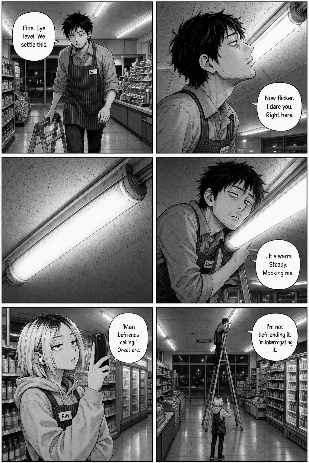 Kaito drags over a step-ladder and climbs face-to-face with the tube, which stays maddeningly steady; Rin films from below.