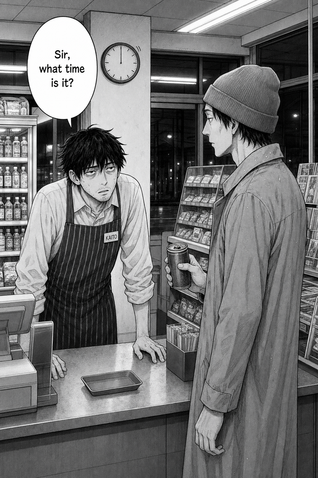 At the register, a tall thin customer in a rumpled beige raincoat, drooping grey beanie, and holding a canned coffee faces Kaito, who leans forward anxiously.