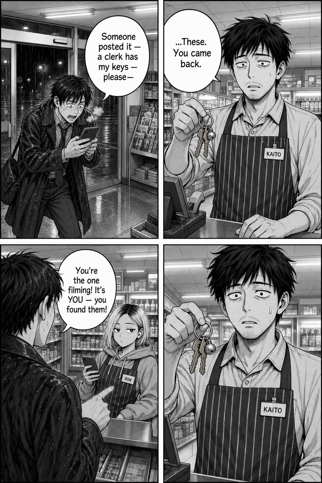 Four panels: the owner from the start of the night, in a rain-dark coat, stands panting inside the doors staring at their phone, saying someone posted that a clerk has their keys; Kaito straightens, stunned, lifting the keyring and saying they came back; but the owner looks past him at Rin, delighted, saying she's the one filming and she found them; Kaito freezes mid-offer, realizing.