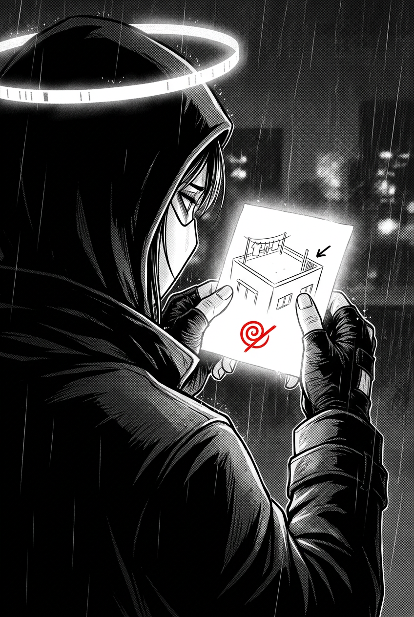 Over the courier's shoulder, the glowing receipt shows a small line drawing of the opening rooftop with an arrow pointing to its edge, and the red glyph beneath it.