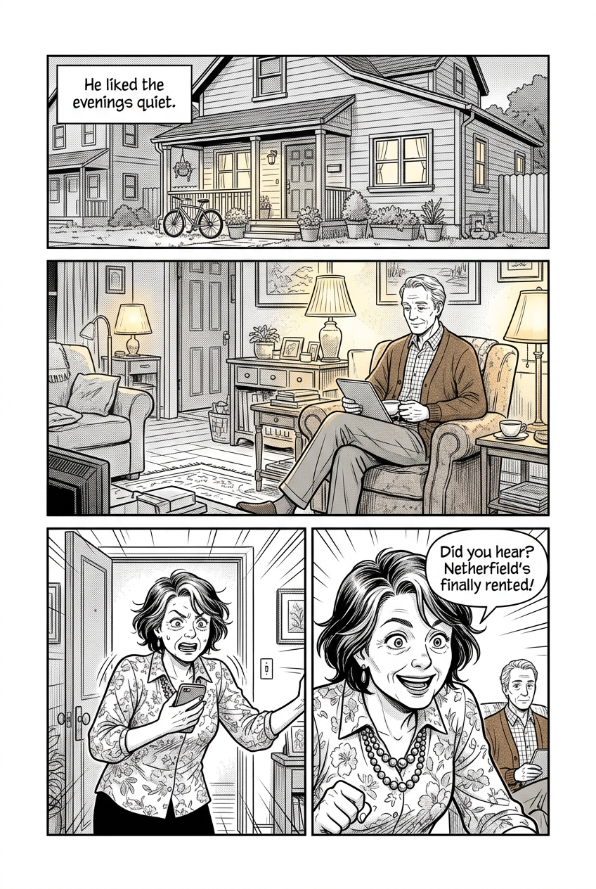 Four panels: a cozy lived-in house exterior; Mr. Bennet calm in his armchair with a tablet; Mrs. Bennet bursting through the door with her phone; and a close-up of her thrilled face.