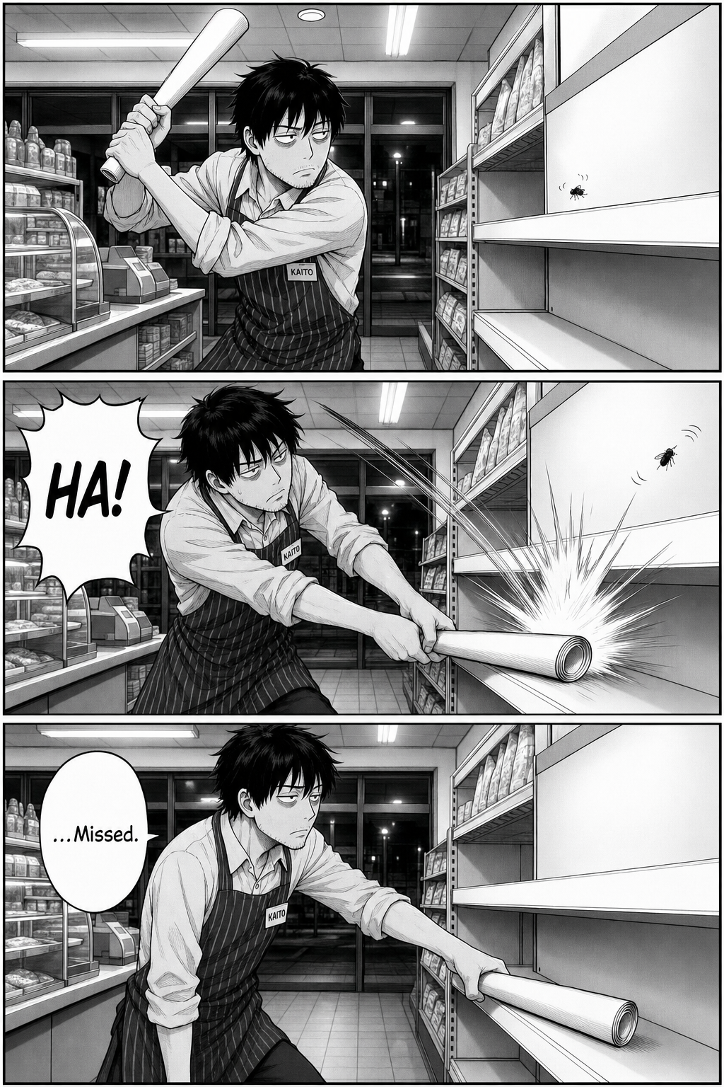 Kaito freezes with the rolled flyer raised over the fly on a shelf, swings and shouts, then stares flatly at the empty shelf, having missed.