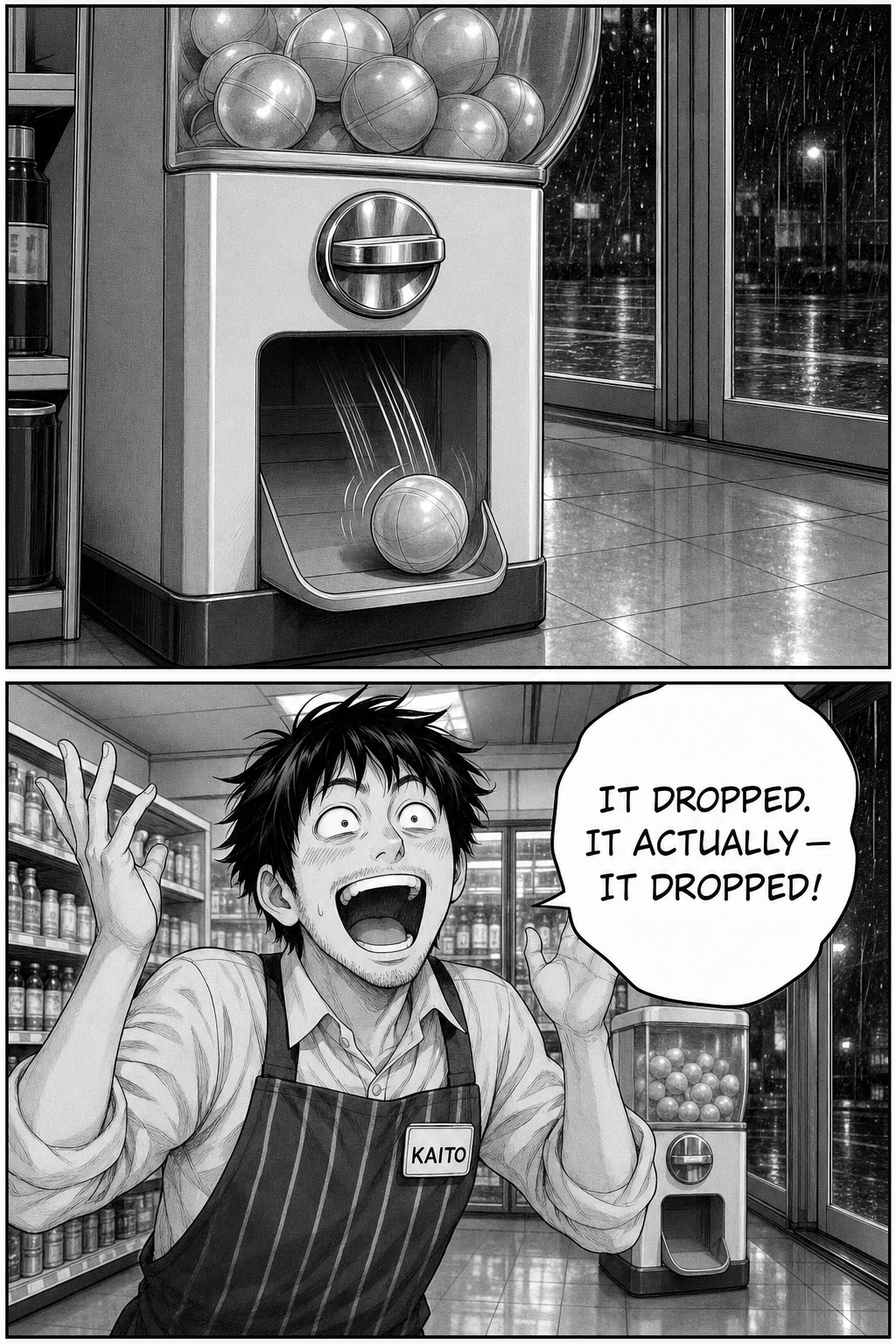 The capsule finally tumbles out of the flap and Kaito's deadpan shatters into pure elation, both hands up, shouting that it dropped.