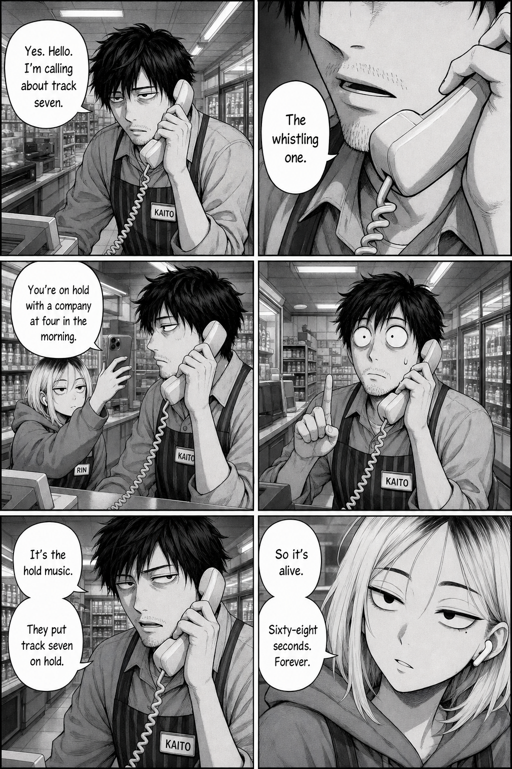 Six panels. Kaito calls head office at four in the morning, is put on hold, and hears the missing track seven playing as the hold music.