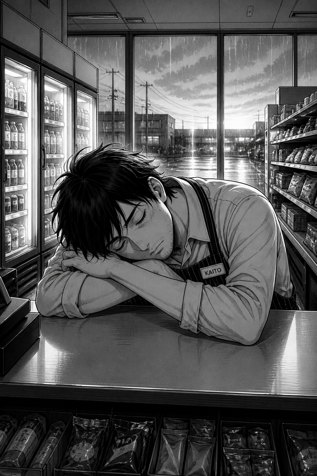 A silent splash panel: the store finally empty and quiet in pale dawn light — exactly the peace Kaito wanted — but Kaito has slumped forward asleep on the counter, head on his folded arms, out cold and exhausted, missing it entirely.