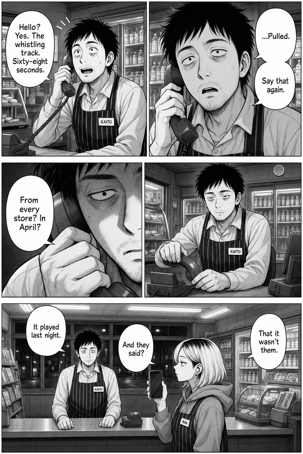 Five panels. Head office tells Kaito track seven was pulled from every store in April. He hangs up and says it played last night; they said it wasn't them.