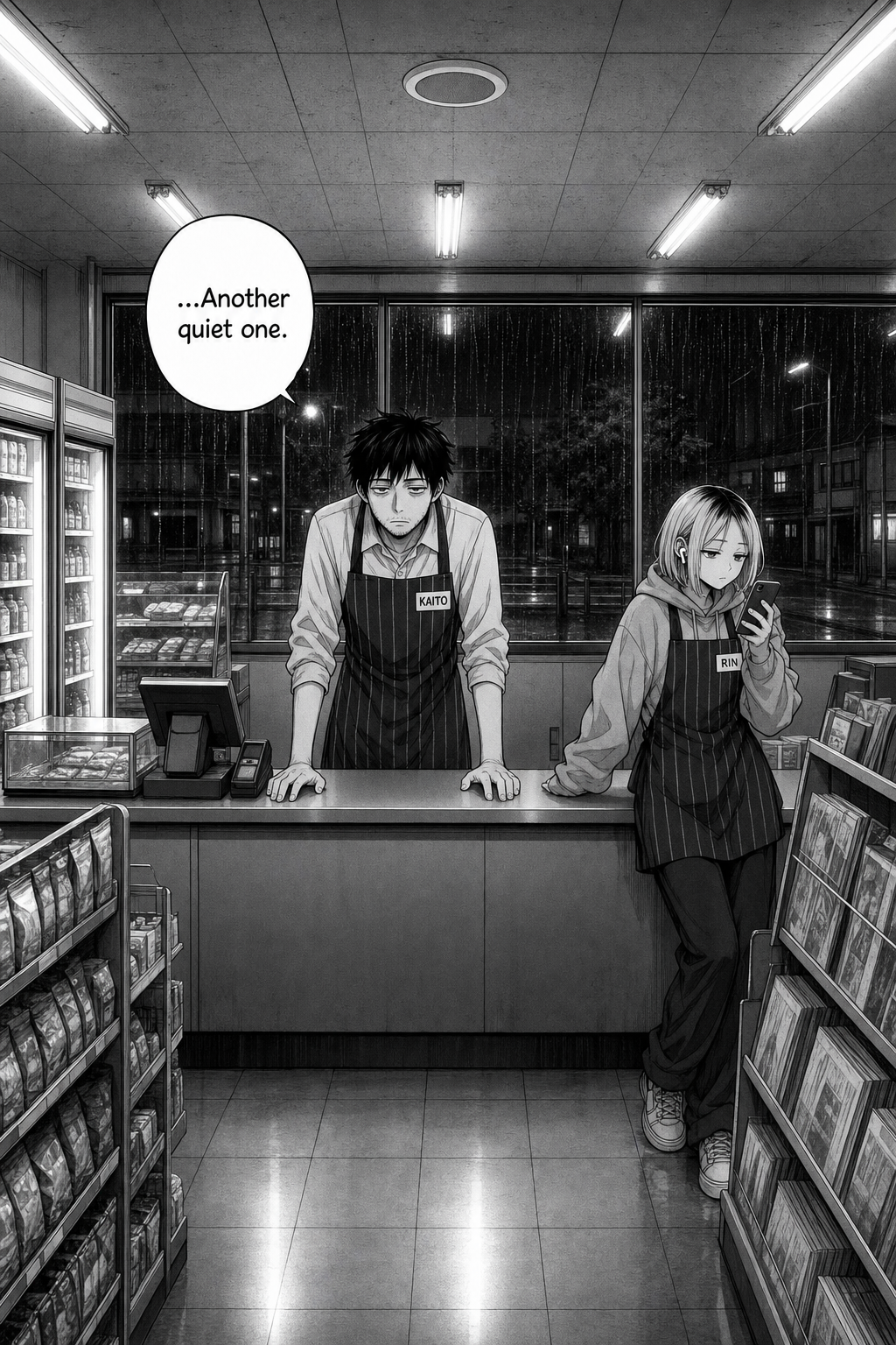 Wide night shot of an empty convenience store; Kaito stands behind the counter, Rin leans nearby on her phone, rain on the window.