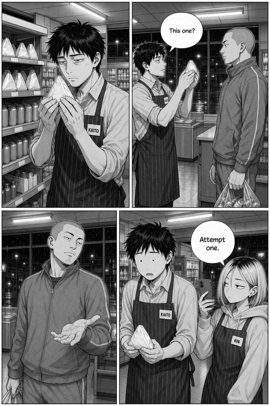 Kaito holds a rice ball up to the tracksuit regular asking "This one?" and gets a noncommittal shrug — attempt one.