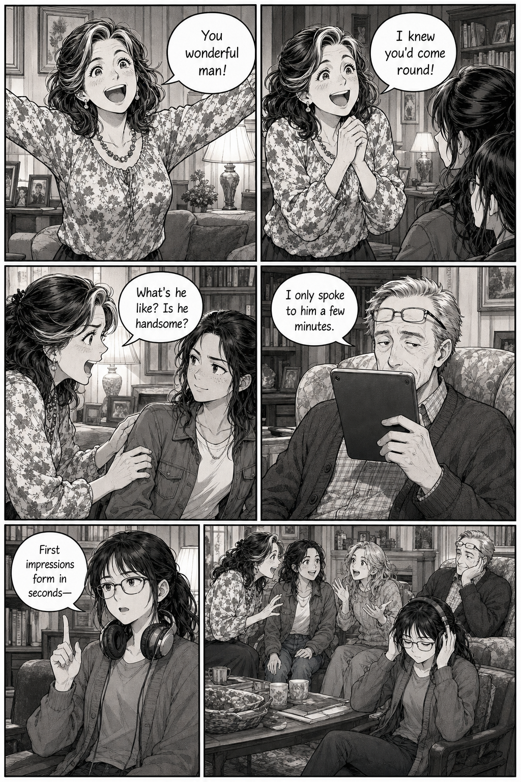 Mrs. Bennet's fury flips instantly to delight as she praises her husband and demands details about Bingley. Mary tries to offer a thought about first impressions and the whole family talks straight over her.