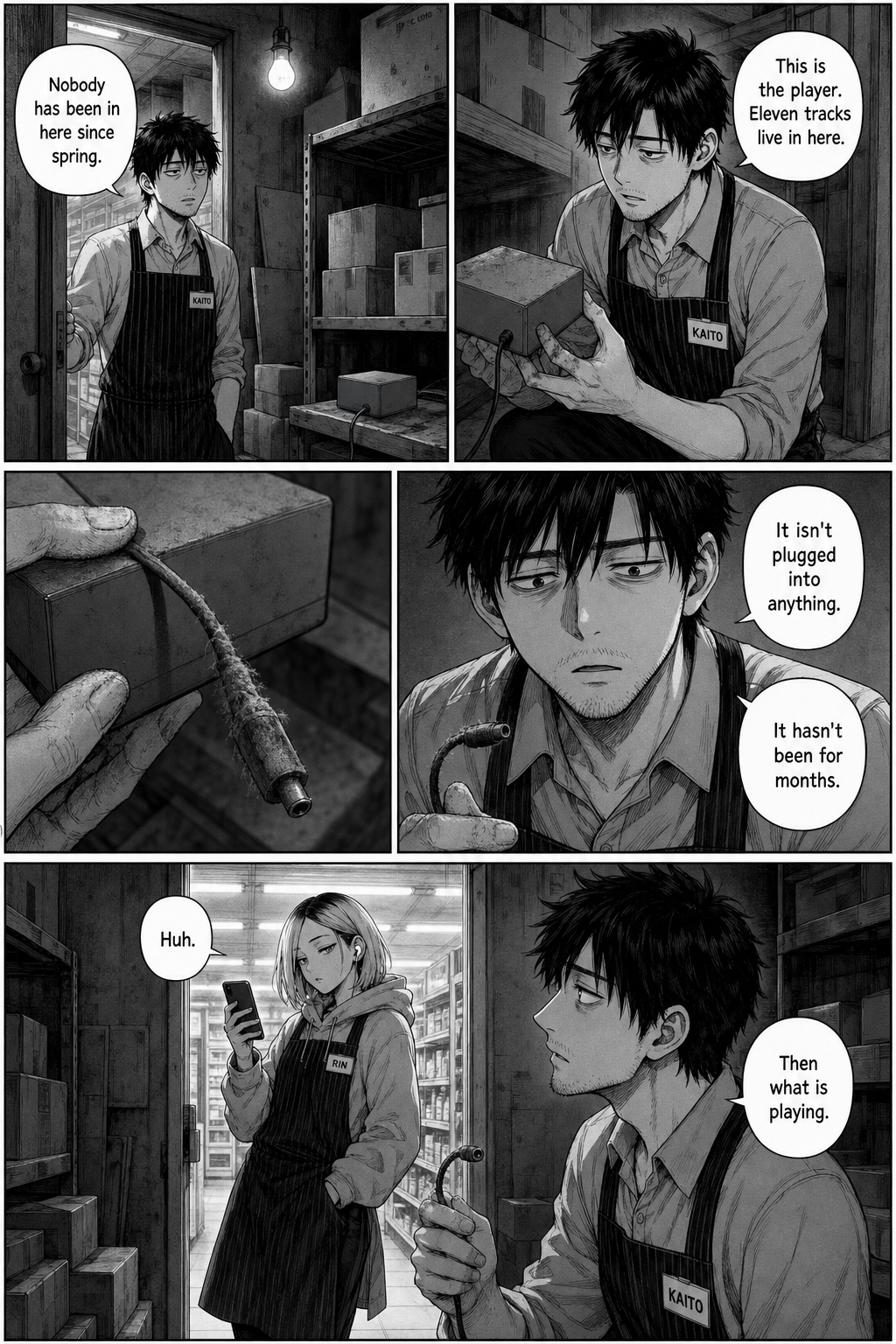 Five panels. In the dusty stockroom Kaito finds the store's music player unplugged and dead for months, and asks what has been playing.