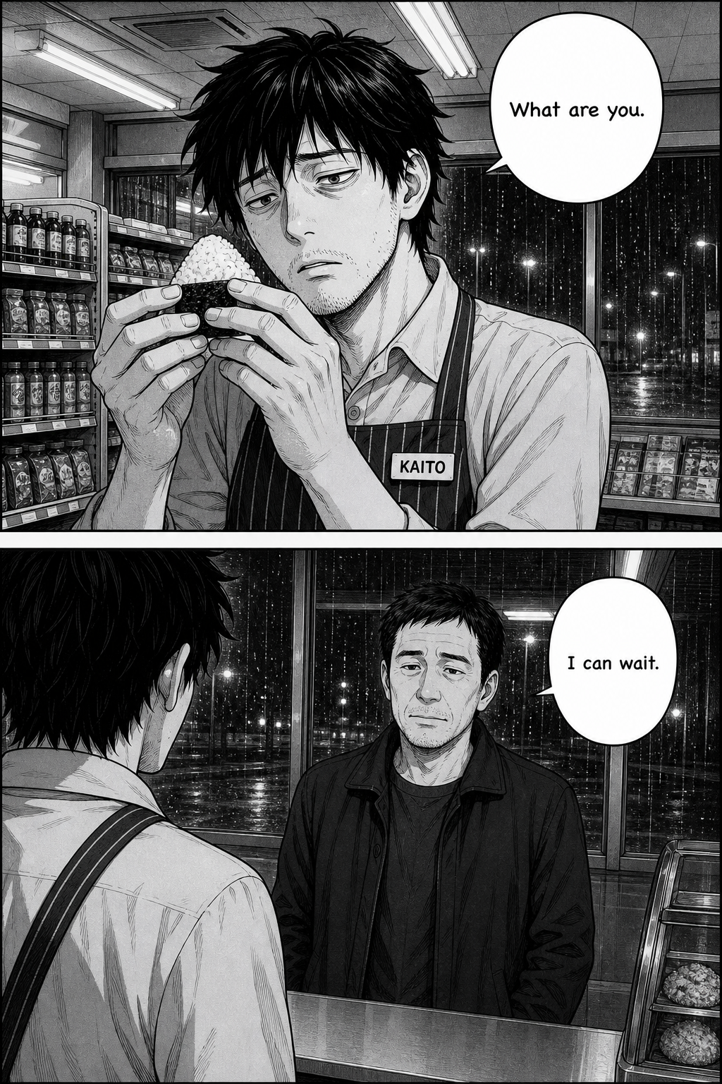 Kaito holds the rice ball at eye level, staring at it like it's cursed; the customer says she can wait.