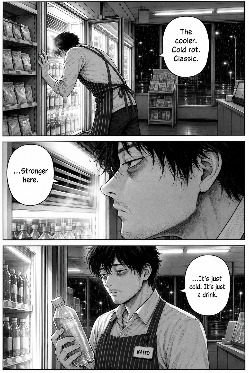 Kaito sticks his head into the glowing drink cooler to sniff the vent, mutters "Stronger here," then deflates holding an ordinary cold bottle.