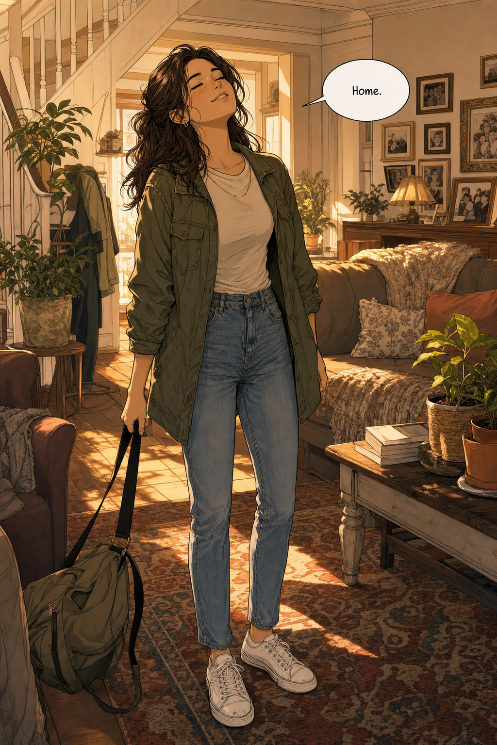 Lizzie stands in the warm, cluttered Bennet living room having just gotten home, letting her overnight bag slide off her shoulder as she tips her head back with a relieved exhale.