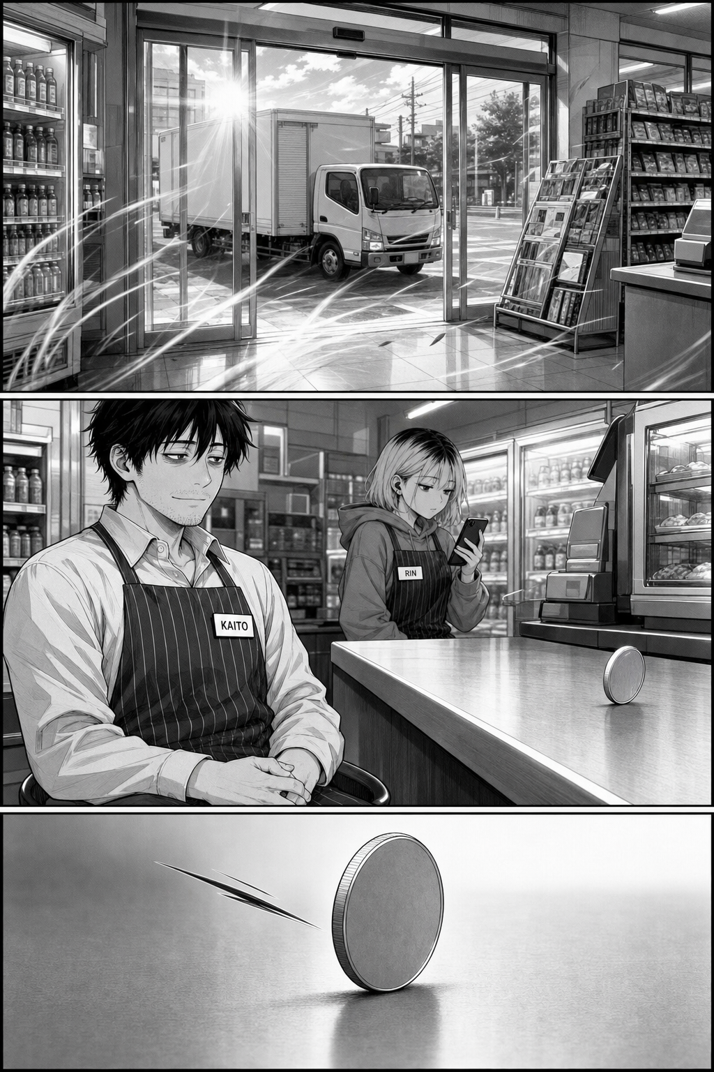 Three panels: the dawn delivery doors slide open as a truck pulls up and a gust blows in; Kaito sits serene without lunging; the coin tips past balance.