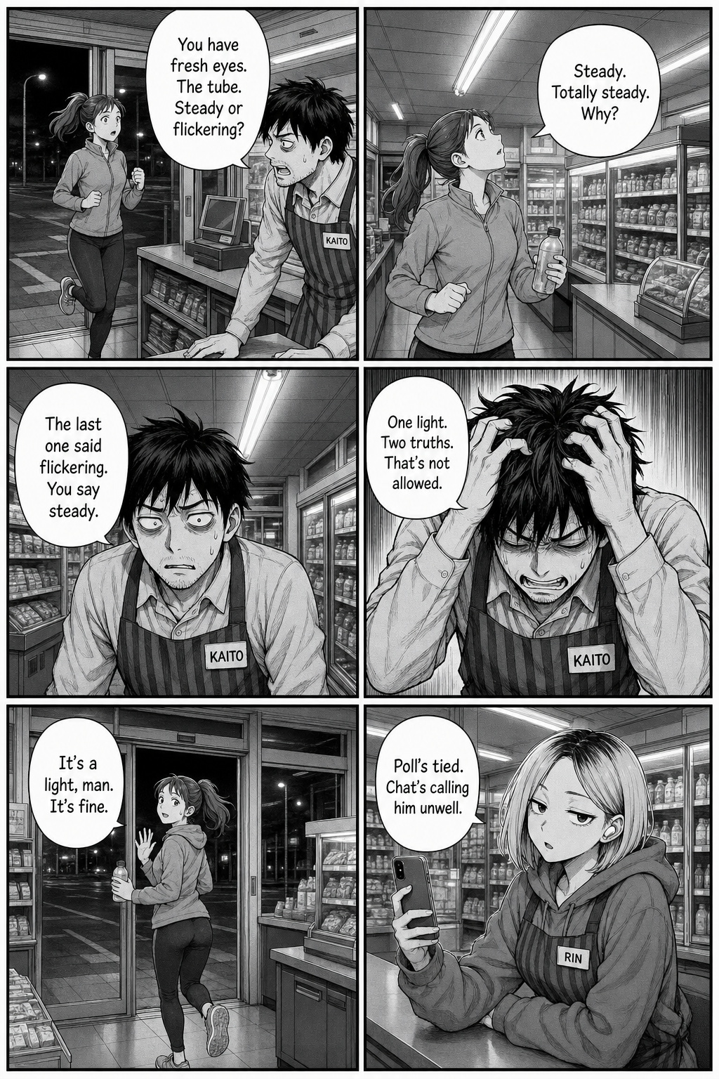A jogger insists the tube is totally steady, contradicting the salaryman; Kaito breaks down over one light with two truths.