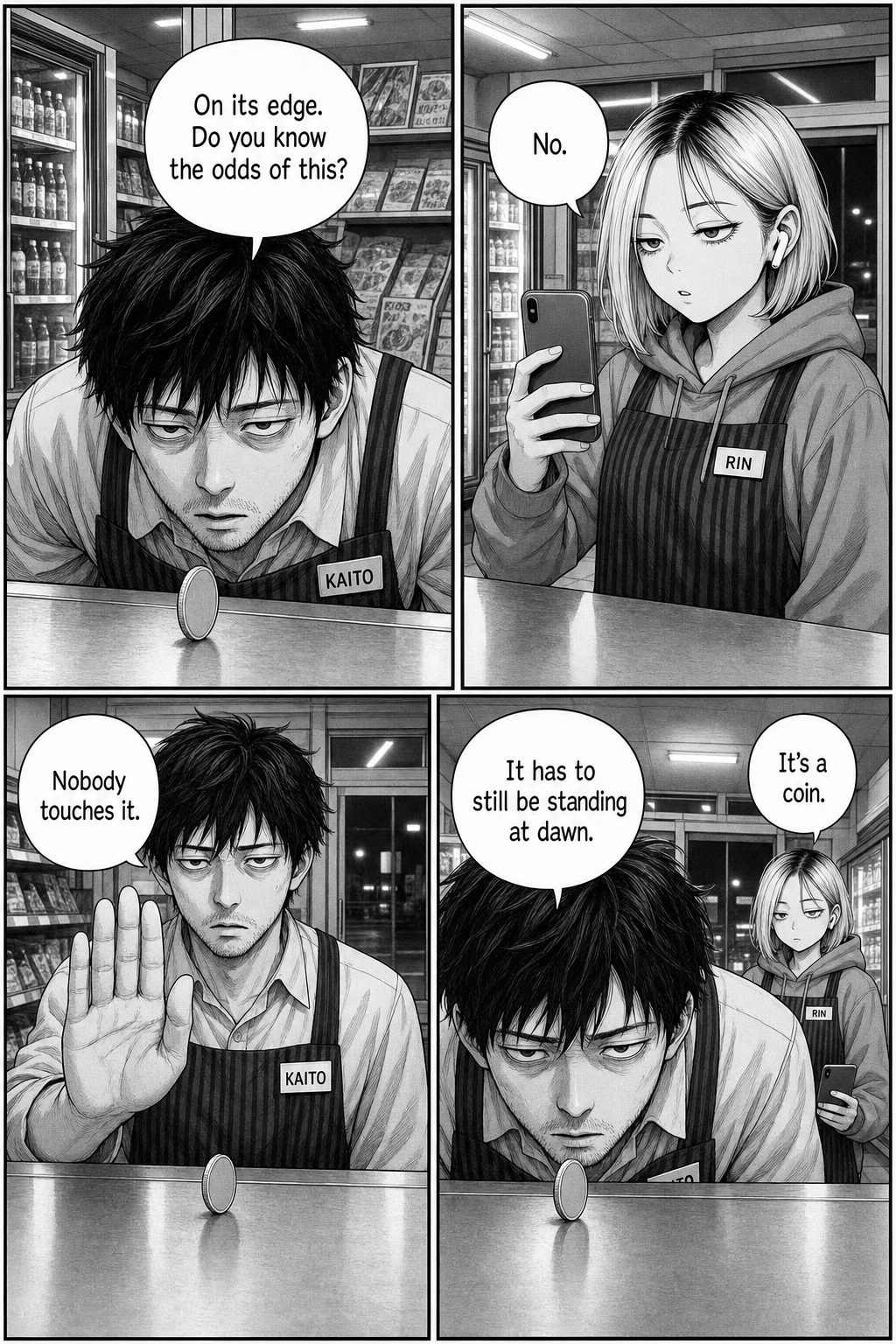 Four panels: Kaito whispers over the balanced coin, Rin films flatly, Kaito raises a forbidding hand and declares it must still be standing at dawn.