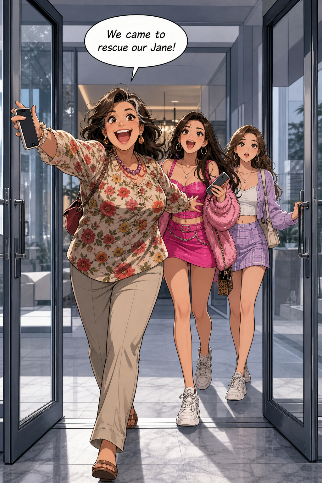 The glass front doors burst open as Mrs. Bennet sweeps into the cold grey foyer with Lydia and Kitty, their bright colors clashing against the minimalist space.