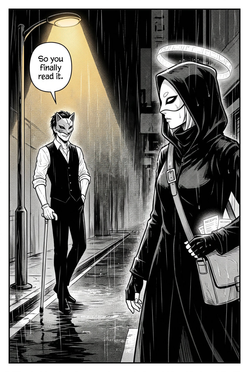 Across a rainy street, a lean man in a cracked fox visor and black vest leans on a silver cane, watching the masked courier with a knowing smile.