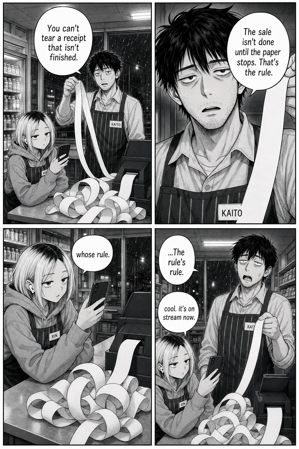 Kaito holds up the lengthening blank receipt and insists a sale isn't finished until the paper stops; Rin films, unbothered.