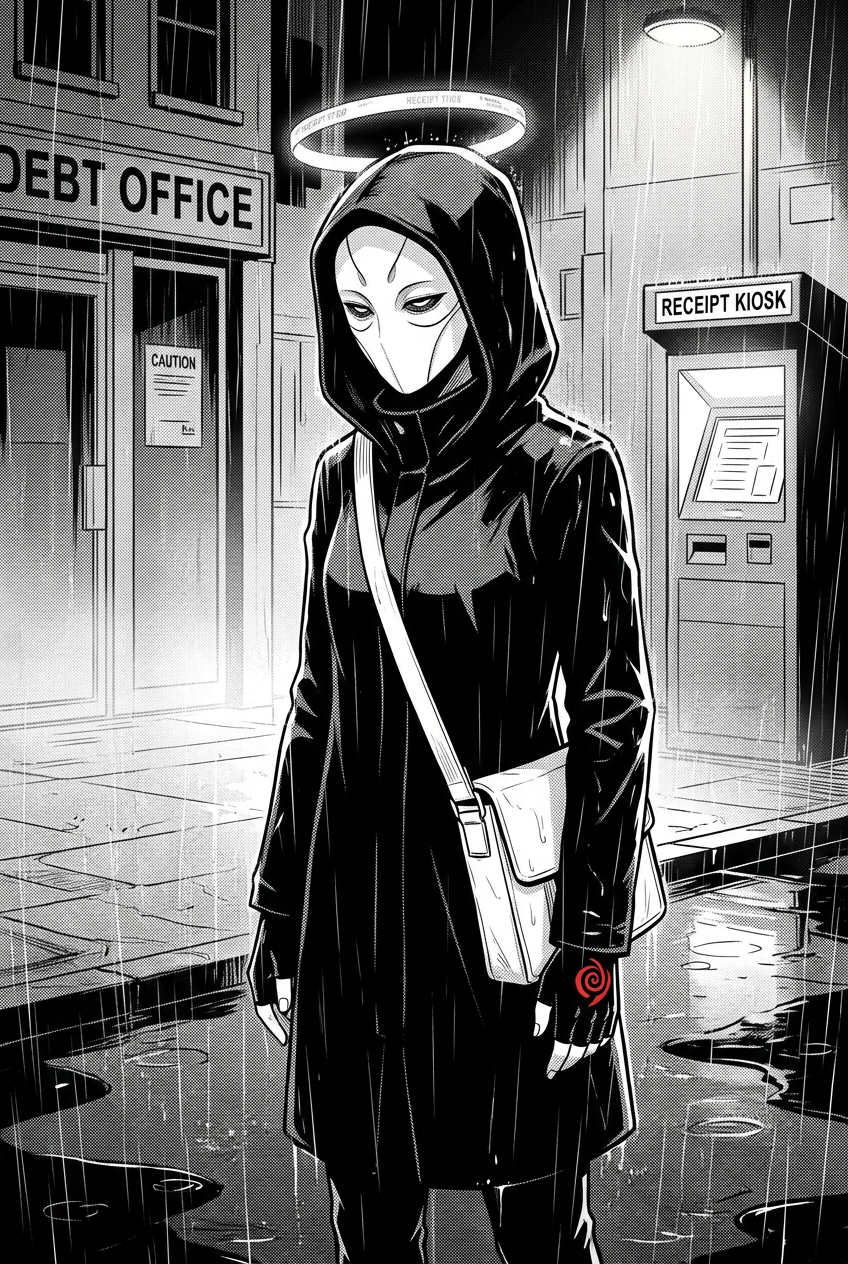 The masked courier stands very still in heavy rain, her masked face tilted down, as the horror settles that her job is a sentence for the unpaid.