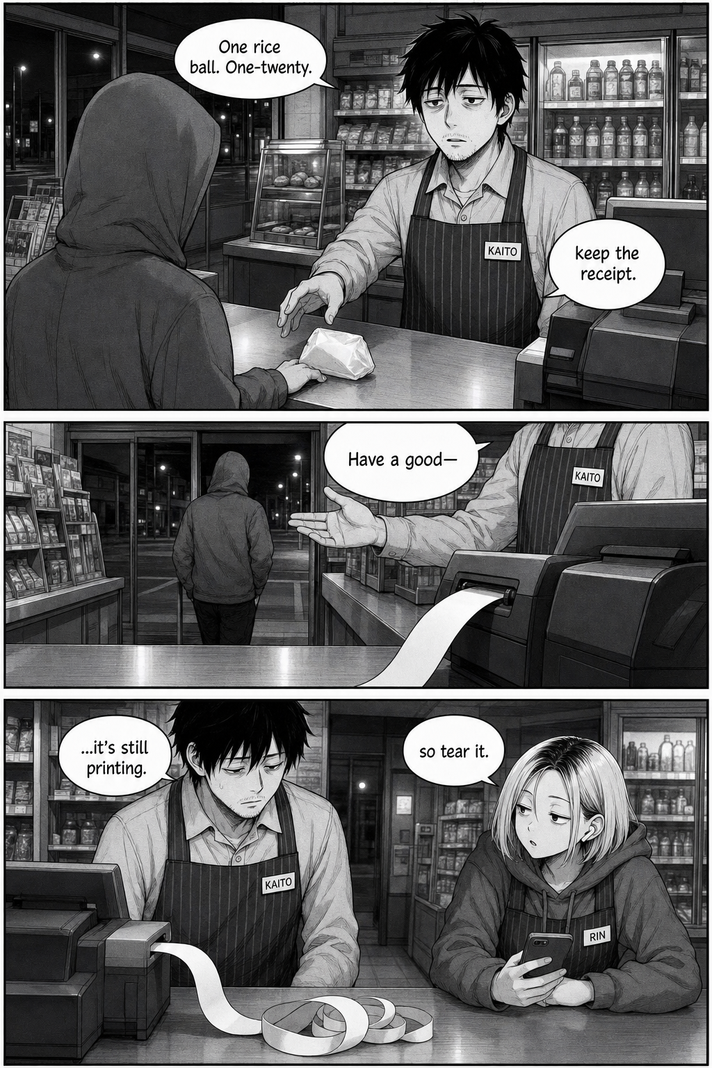 A hooded customer buys a single rice ball; the register printer starts feeding out a blank receipt that doesn't stop as Kaito watches.