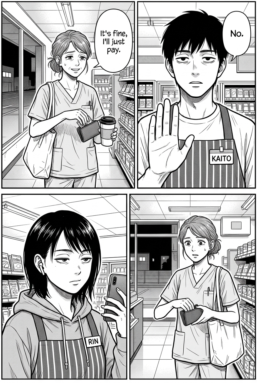 Four panels: the nurse offers to just pay, Kaito raises a flat hand and refuses, Rin lifts her phone to film, and the nurse freezes mid-reach, bewildered.