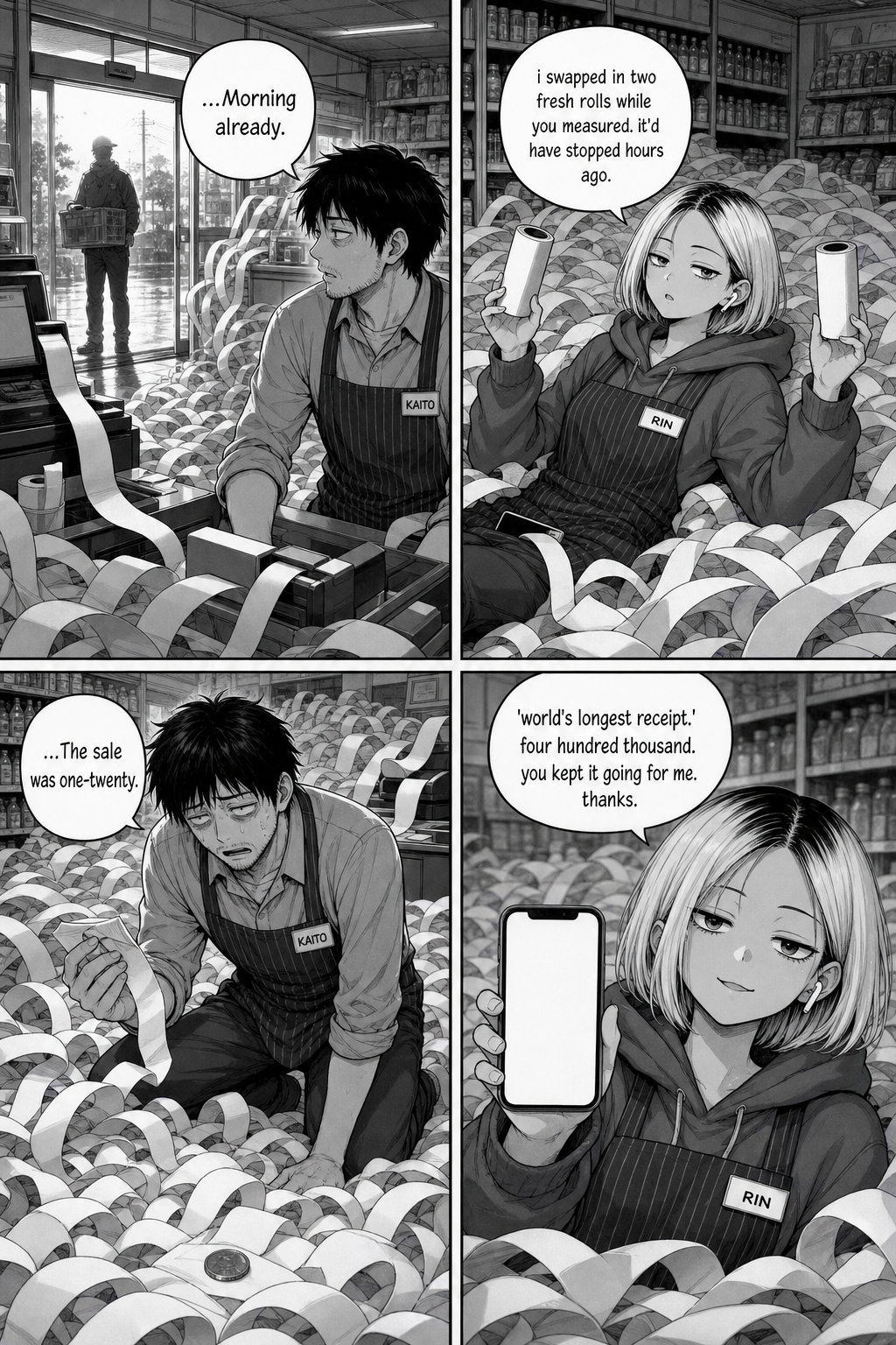 Dawn floods the paper-drifted store. Rin reveals she swapped in two fresh rolls so it would have stopped hours ago; her stream hit 400,000. Kaito, hollow, notes the sale was 120 yen.