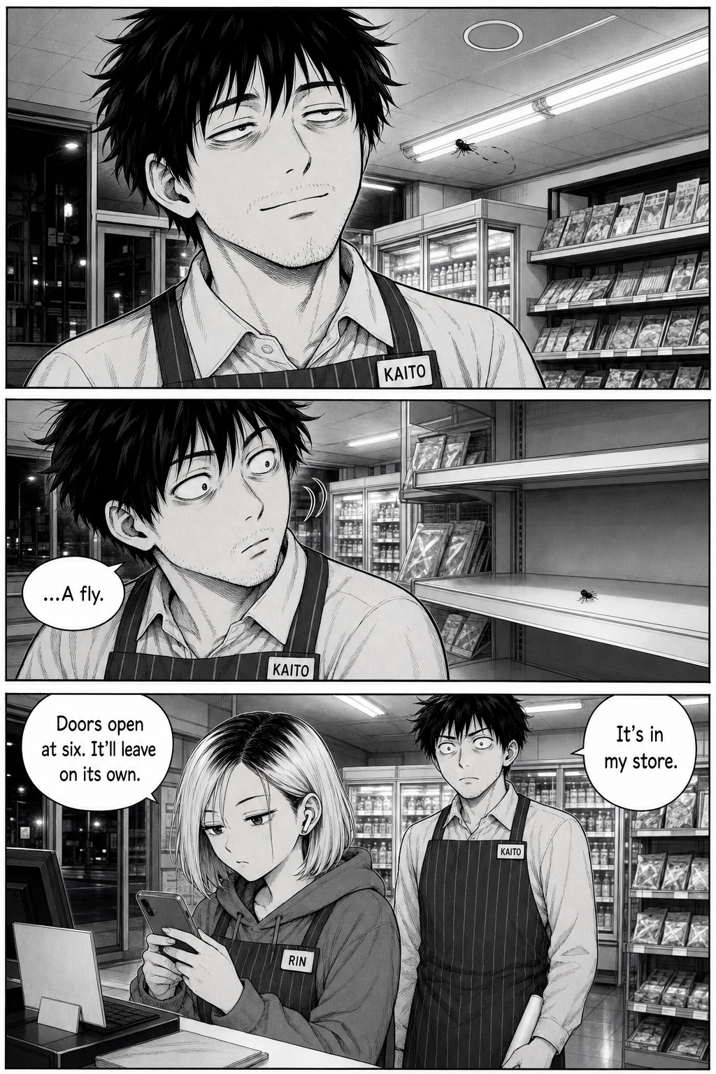 A single fly buzzes past Kaito's face; his eyes snap to it on an empty shelf. Rin, unbothered, says the doors open at six.