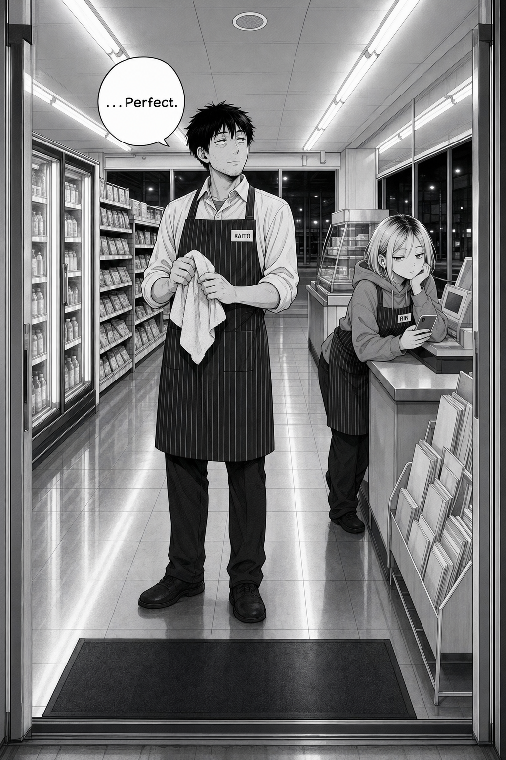 Wide night shot of a spotless 24-hour convenience store; Kaito stands mid-aisle holding a cleaning cloth, satisfied, while Rin leans on the register on her phone.