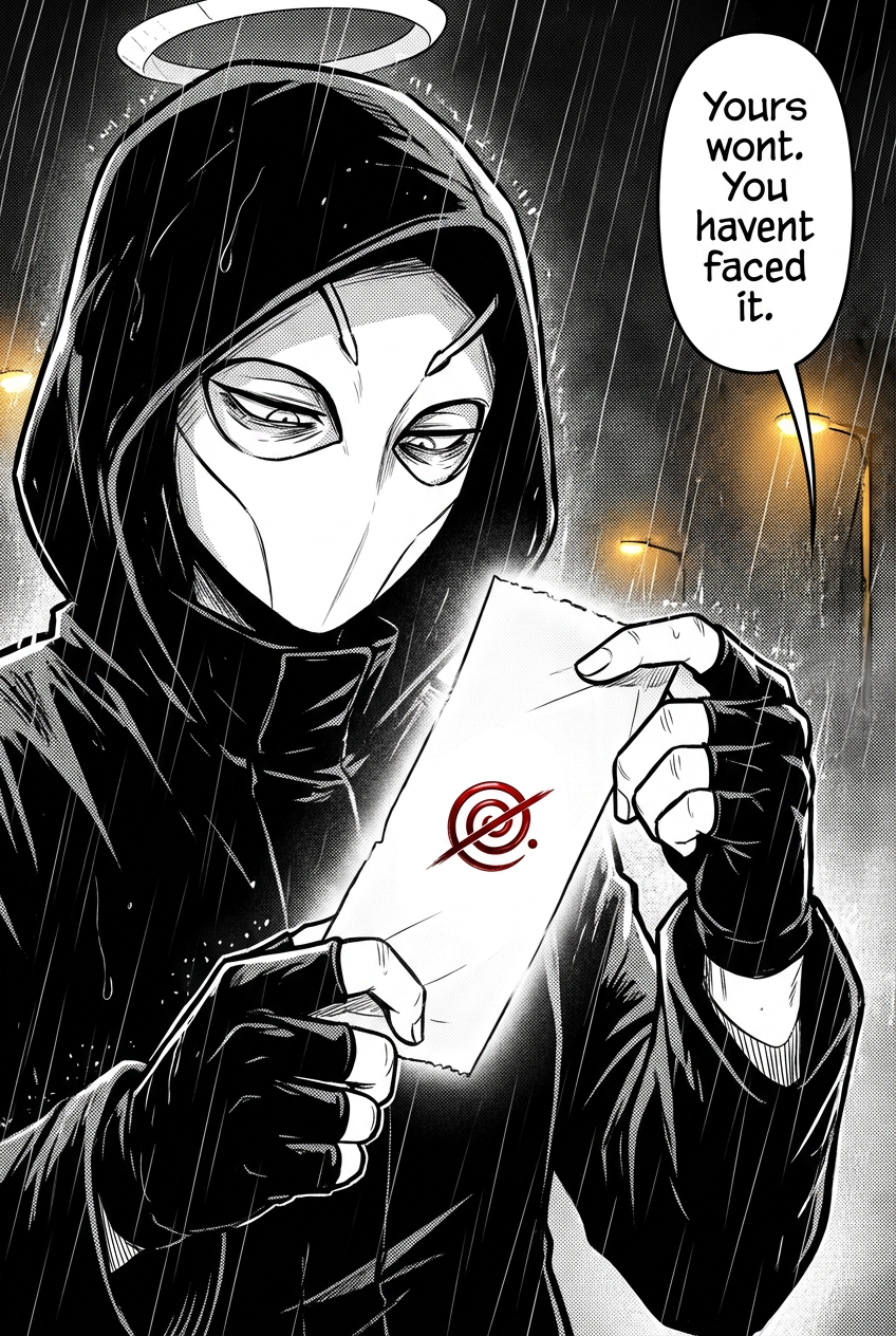 The masked courier looks down at her own glowing receipt, which stubbornly refuses to burn, the red glyph on its surface, her eyes tense with dread.