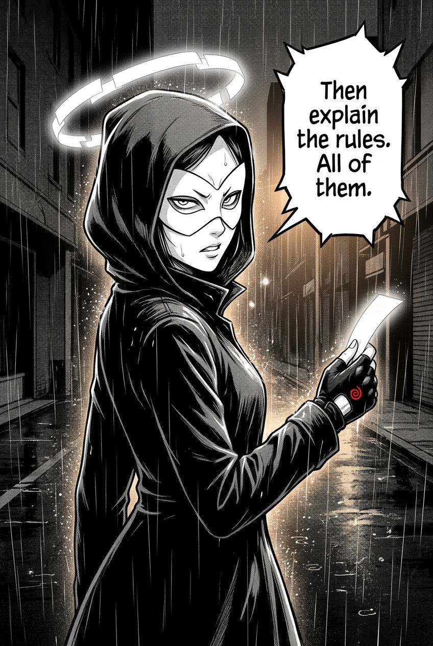 Close on the masked courier turning sharply, gripping her own glowing receipt, the small red glyph brand visible on her gloved hand, demanding answers in the rain.