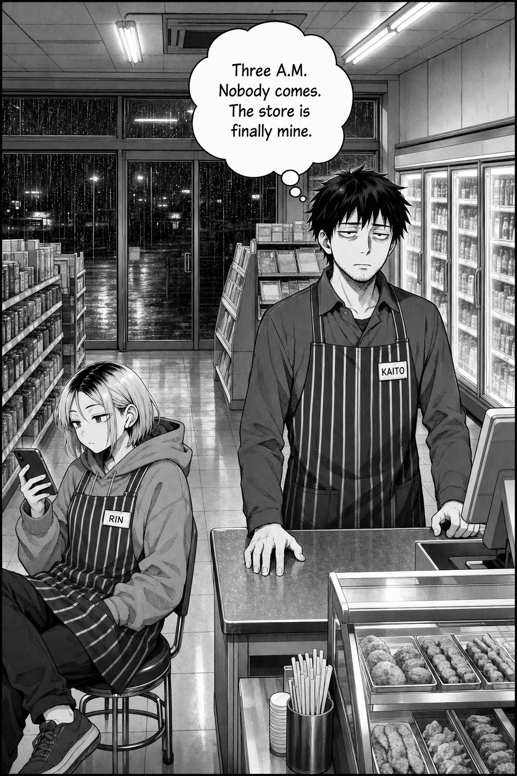 Wide night view of an empty convenience store, rain on the windows; Kaito stands at the counter while Rin sits on a stool nearby on her phone.