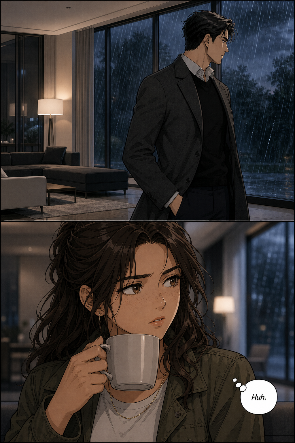 Darcy turns sharply to the dark rain-streaked window; below, Lizzie lowers her mug and stares after him, unsettled.