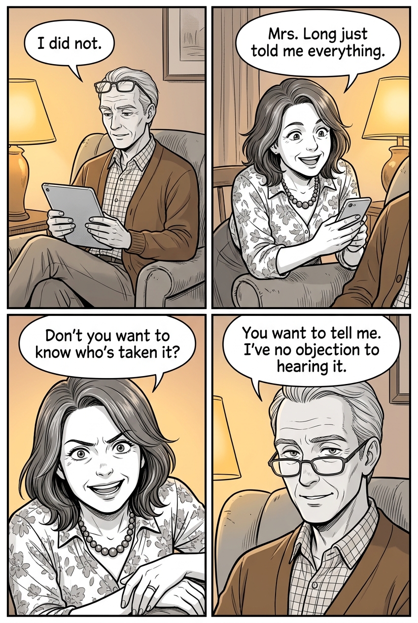 Four panels of the couple: Mr. Bennet unbothered with his tablet; Mrs. Bennet leaning in eagerly; her patience cracking; and Mr. Bennet finally glancing up over his glasses with a dry smile.