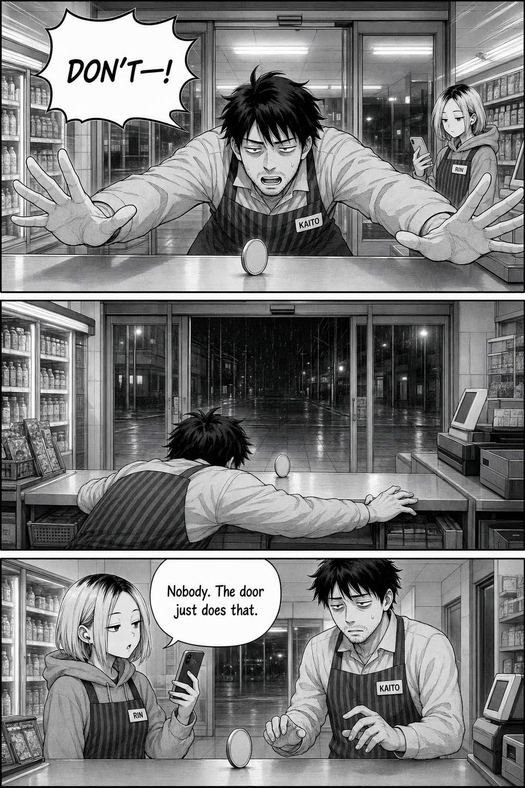 Three panels: Kaito lunges over the coin shouting "DON'T—!" before looking, but the doorway is empty; Rin says nobody, the door just does that.