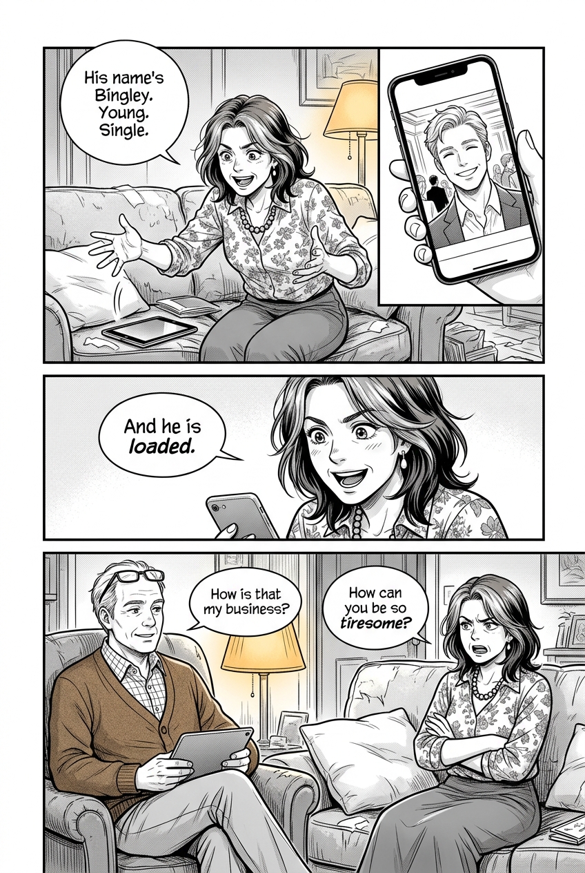 Four panels: Mrs. Bennet radiant on the sofa; her phone showing a young man's profile photo; her landing the point about his wealth; and a two-shot as Mr. Bennet stays mild while she's scandalized.