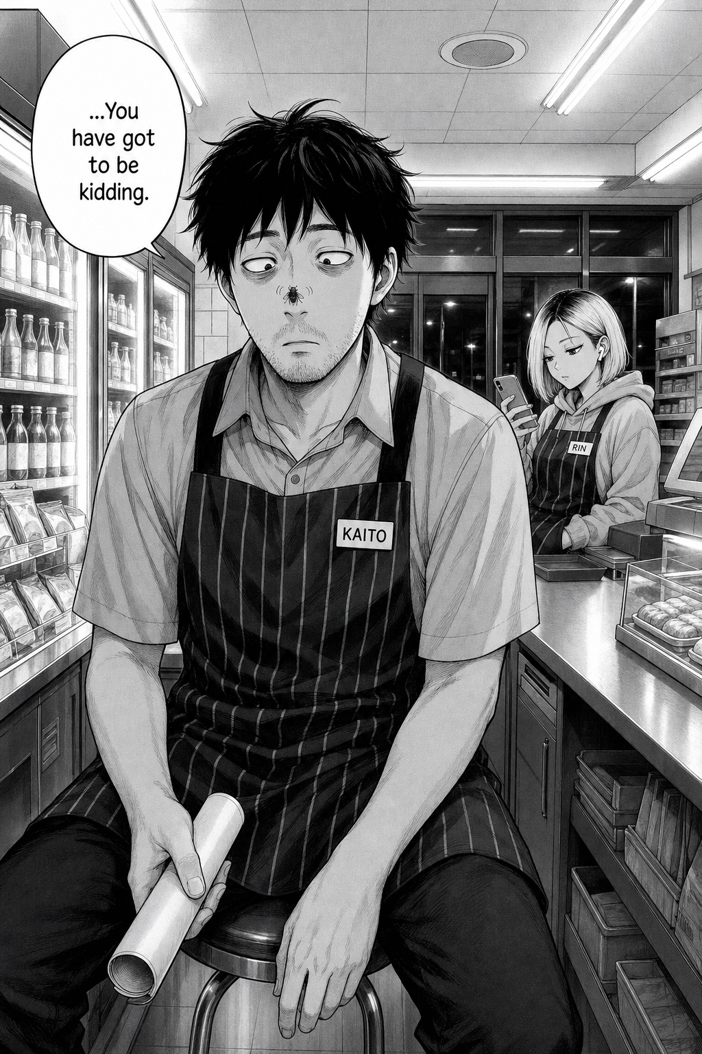 Kaito sits exhausted on the stool; the fly has landed on the tip of his nose and he stares at it, cross-eyed.