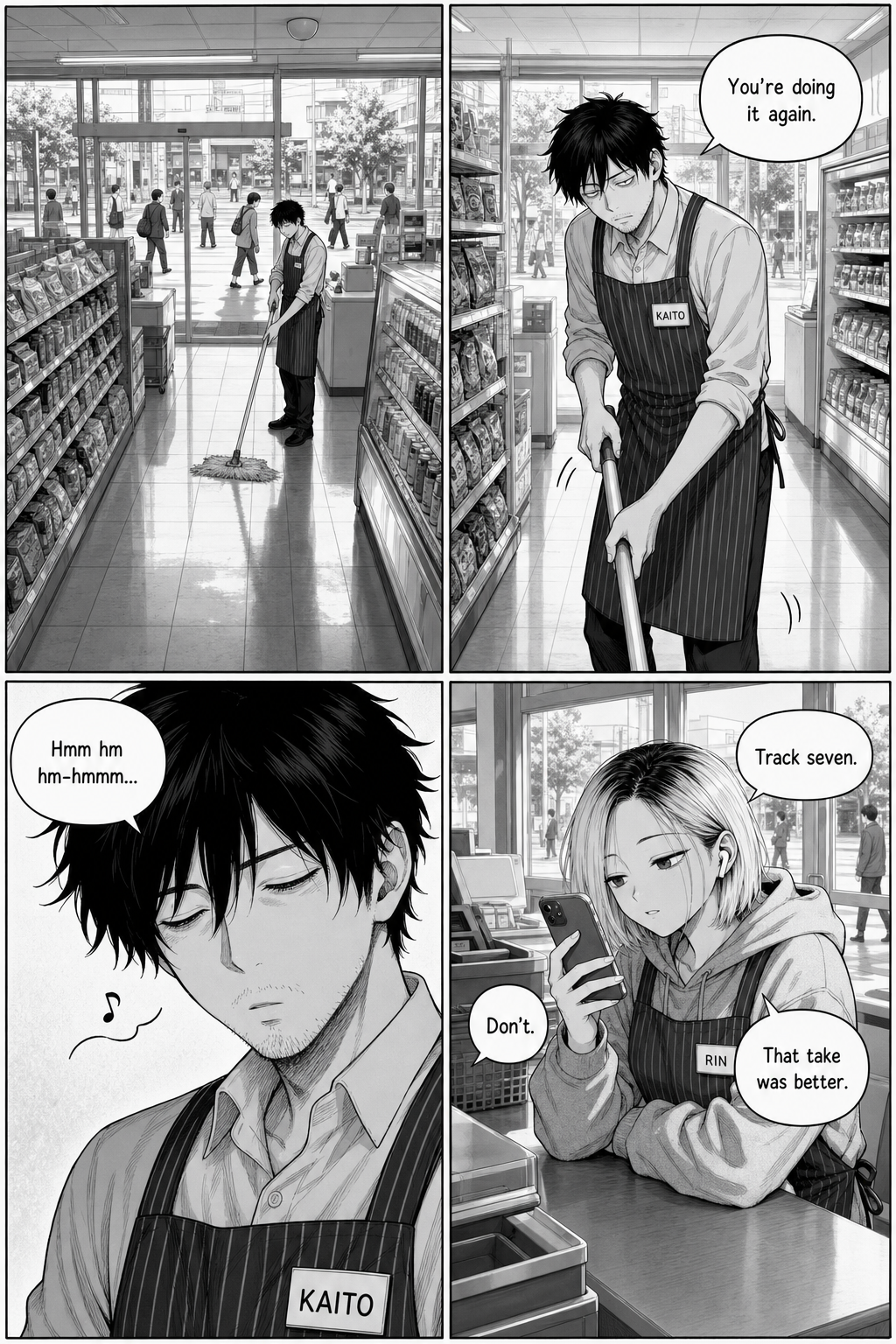 Four panels mirroring page one in daylight. Kaito mops the same aisle, humming his own track without realising it, while Rin films and says that take was better.