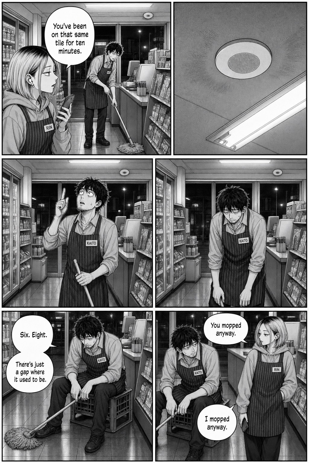 Six panels. The loop skips a third time. Kaito gives up and sits on a crate; Rin lowers her phone and points out that he mopped anyway.
