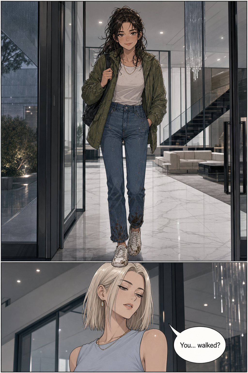 A flushed, windblown Lizzie steps into Netherfield's bright glass foyer with mud on her jeans and sneakers; Caroline eyes the mud with a thin, disdainful smile.
