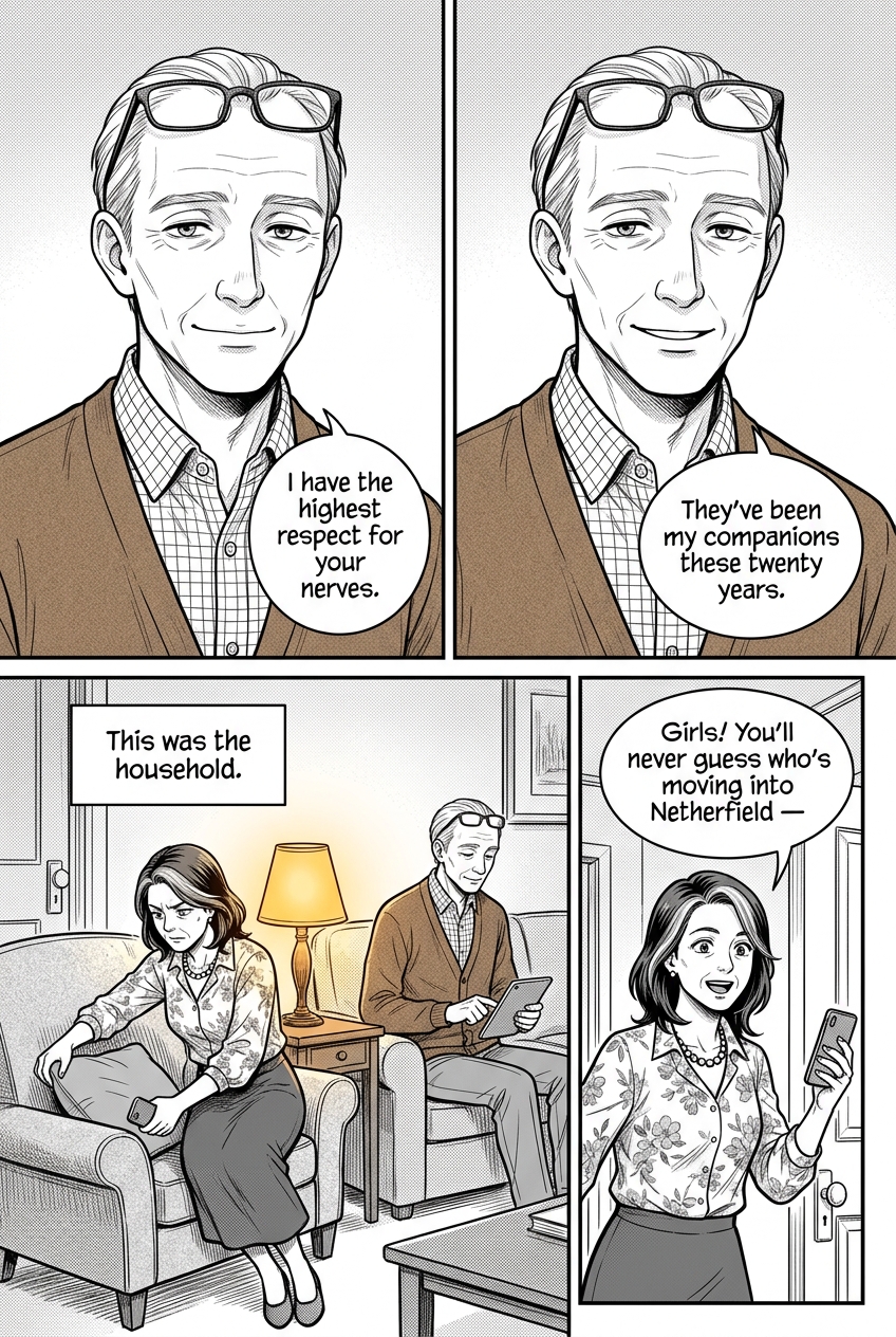 Four panels: Mr. Bennet's warm mock-protest, then his dry punchline; a wide beat of the couple settling into their long-married rhythm; and Mrs. Bennet reanimated, calling toward the hallway.