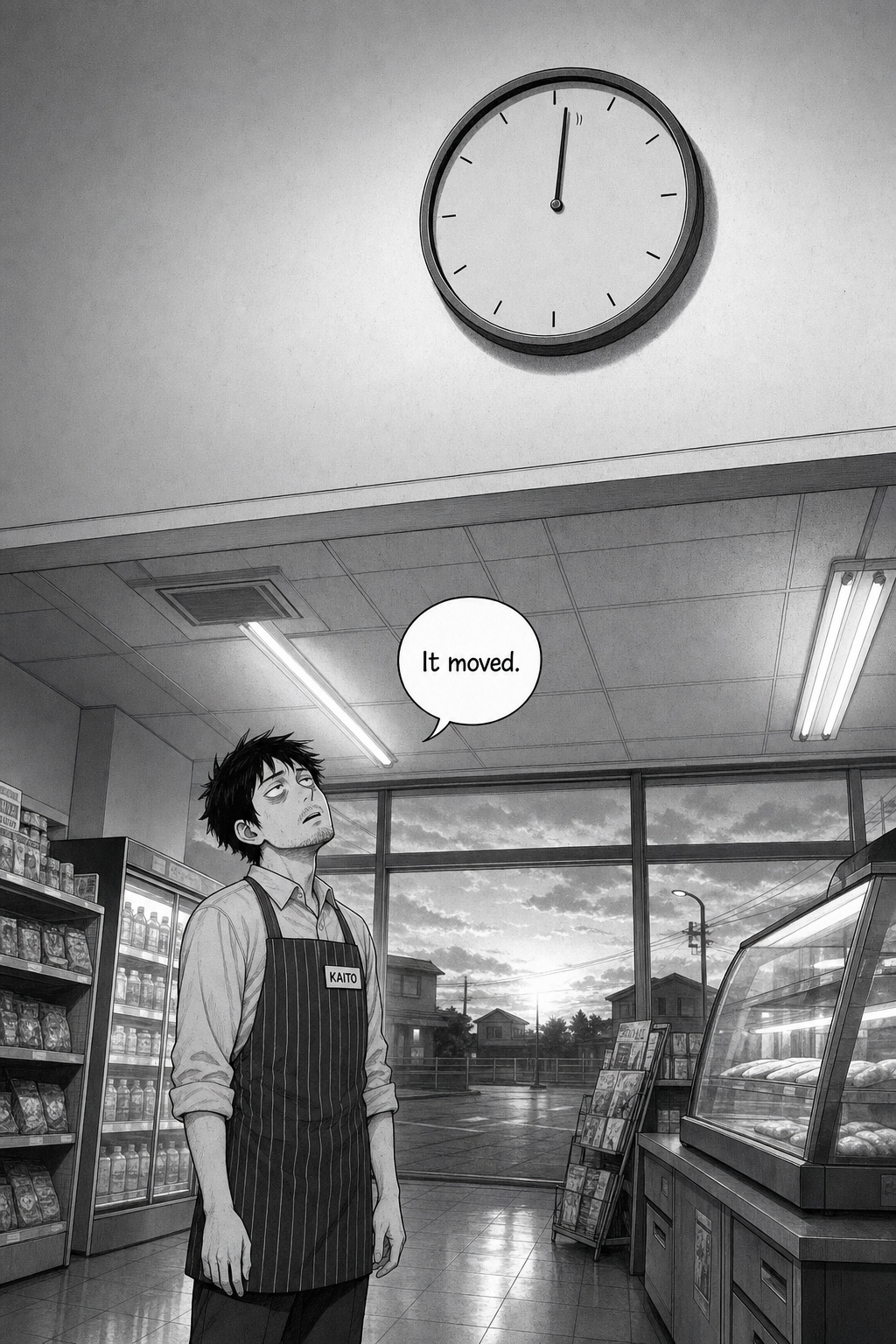 Low-angle final shot in dawn light: the wall clock's second hand has finally nudged one tick past the top. Kaito's small figure stands below, looking up, defeated.