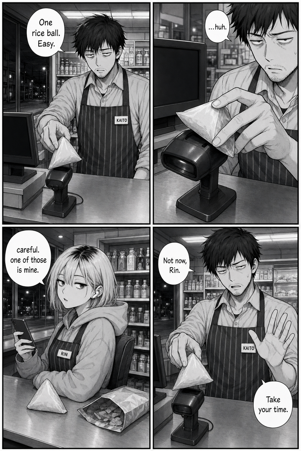 Kaito passes the rice ball over the register scanner but it won't beep; Rin warns that one of the two rice balls on the counter is hers.