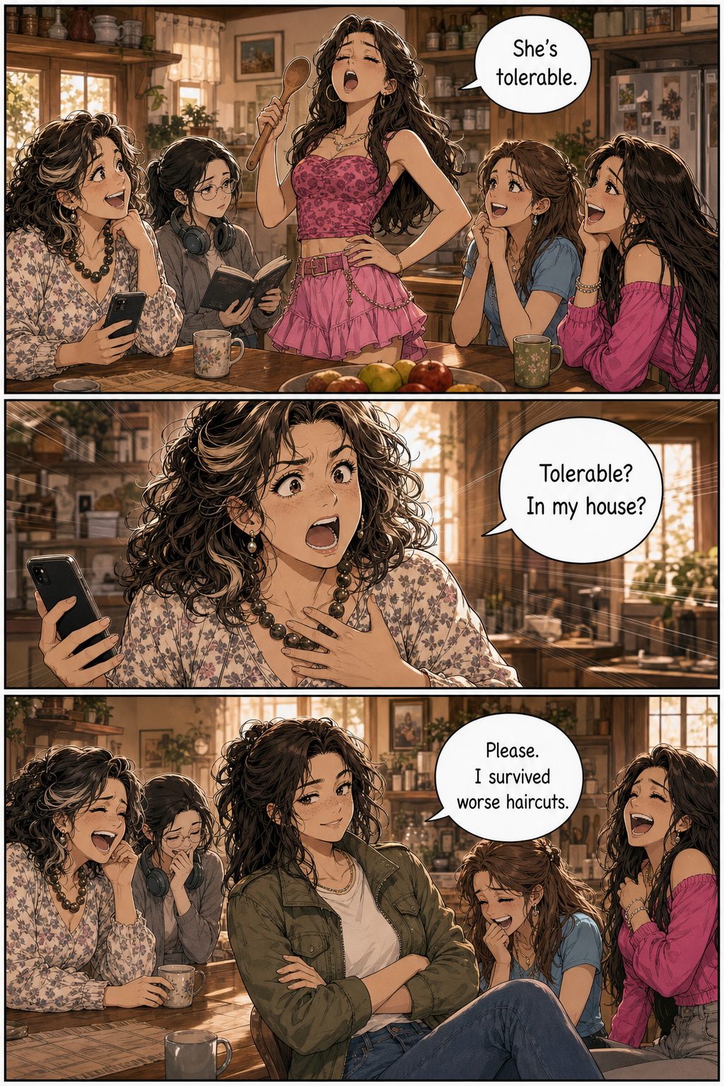 Lydia and Mrs. Bennet theatrically reenact Darcy's insult while Lizzie smirks, turning embarrassment into a joke.