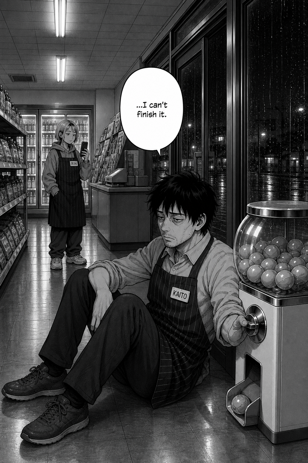 The low point: Kaito sits slumped on the floor with his back against the machine, one hand on the knob, hollow, admitting he can't finish it, as Rin films.