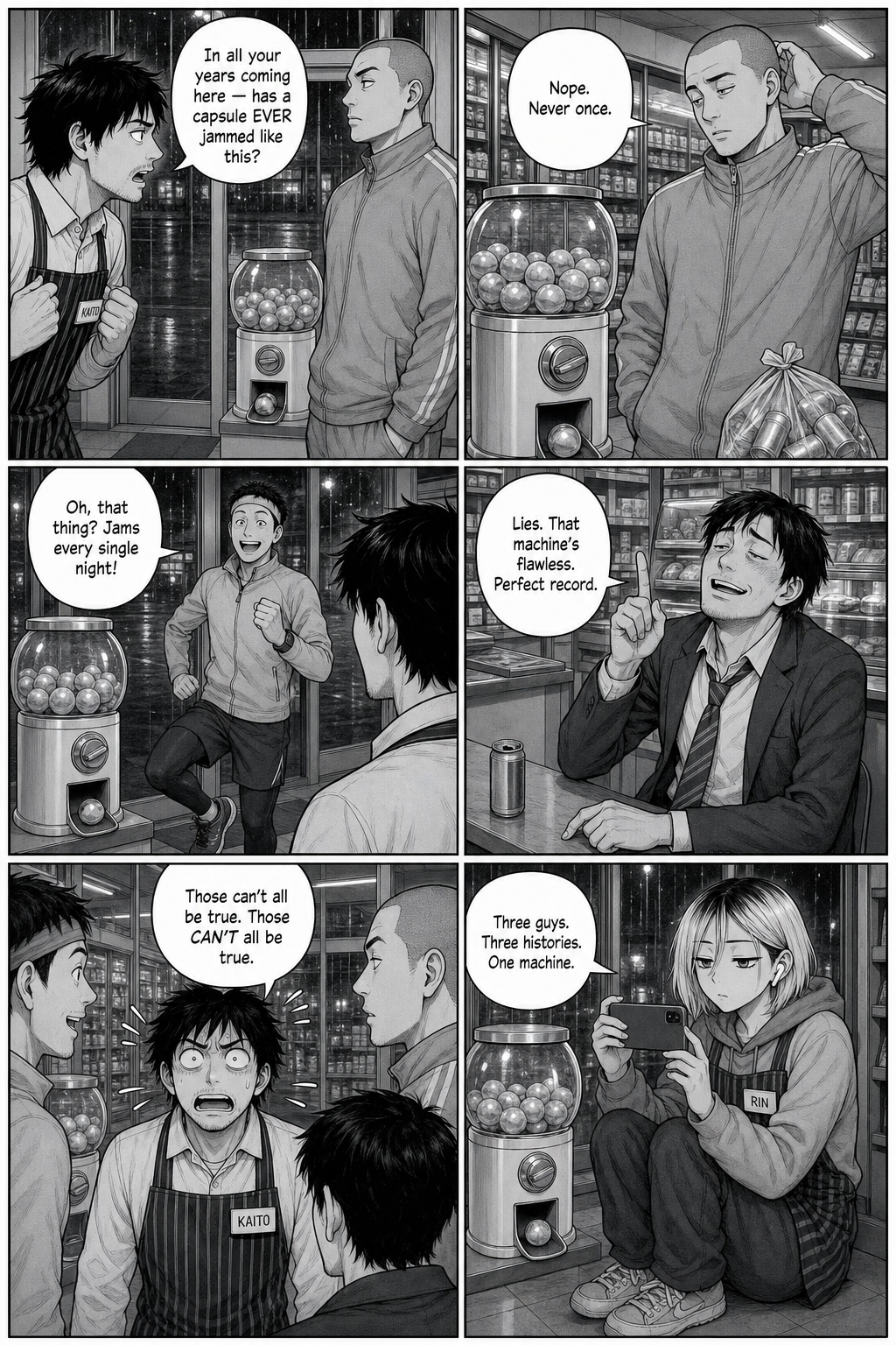 Kaito asks the regulars if a capsule has ever jammed; the tracksuit man, a jogger, and the salaryman give three contradictory answers, and Kaito reels.
