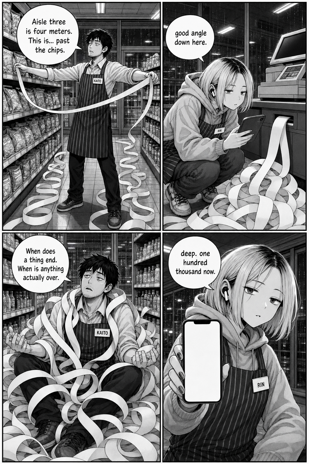 Kaito stretches the receipt down the snack aisle to measure it and sinks into a philosophical spiral; Rin films from beside the printer.